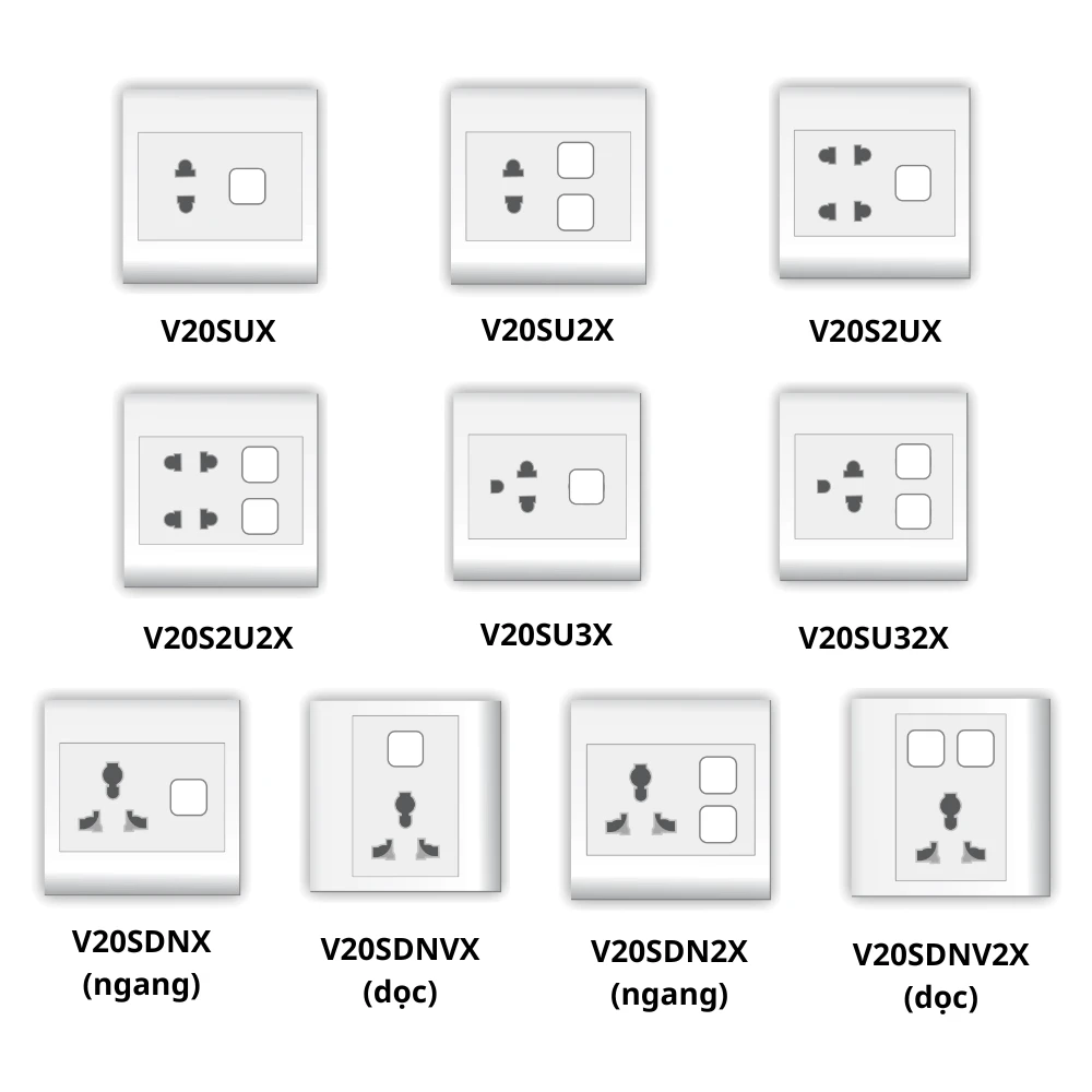 Mặt vuông chứa thiết bị kết hợp ổ cắm điện dòng V20 mã V20SUX / V20SU2X / V20S2UX / V20S2U2X / V20SU3X / V20SU32X / V20SDNX / V20SDNVX / V20SDN2X / V20SNDV2X