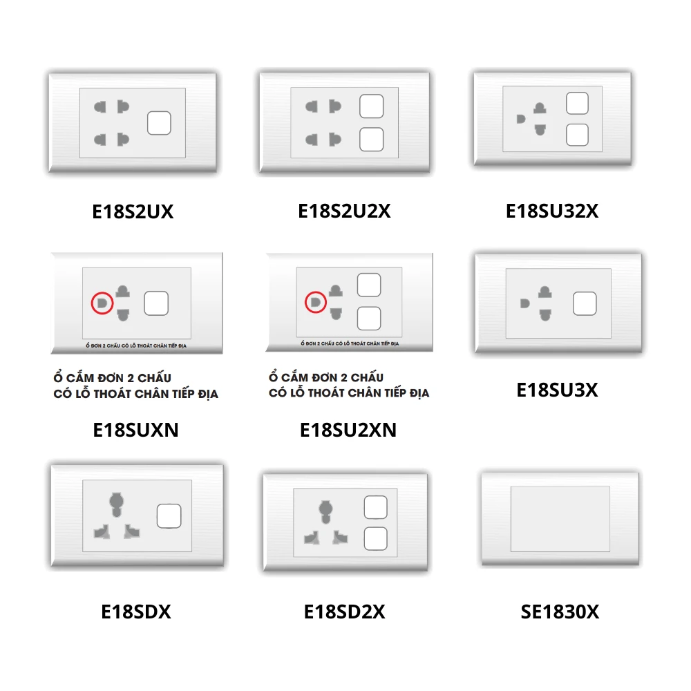 Mặt chữ nhật chứa thiết bị và Ổ cắm điện cho dòng E18S mã E18SUXN / E18SU2XN / E18SU3X / E18SU32X / E18SDX / E18SD2X / E18S2UX / E18S2U2X / SE1830X