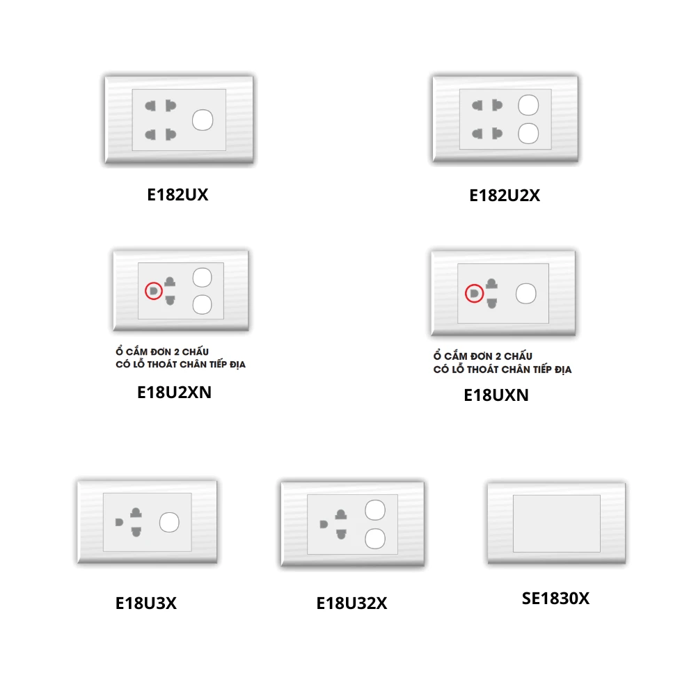 Mặt chữ nhật chứa thiết bị kết hợp ổ cắm điện cho dòng E18 mã E18UXN/ E18U2XN/ E18U3X/ E18U32X/ E182UX/ SE1830X