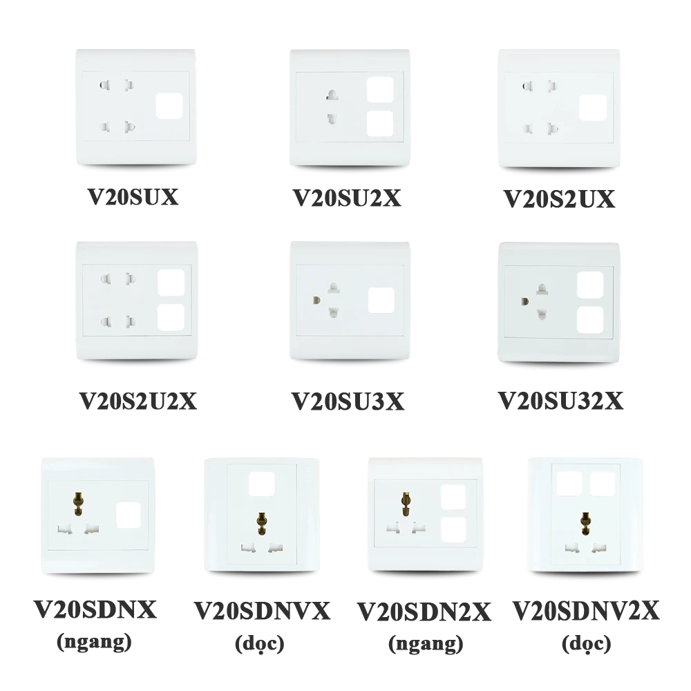 Mặt vuông chứa thiết bị kết hợp ổ cắm điện dòng V20 mã V20SUX / V20SU2X / V20S2UX / V20S2U2X / V20SU3X / V20SU32X / V20SDNX / V20SDNVX / V20SDN2X / V20SNDV2X
