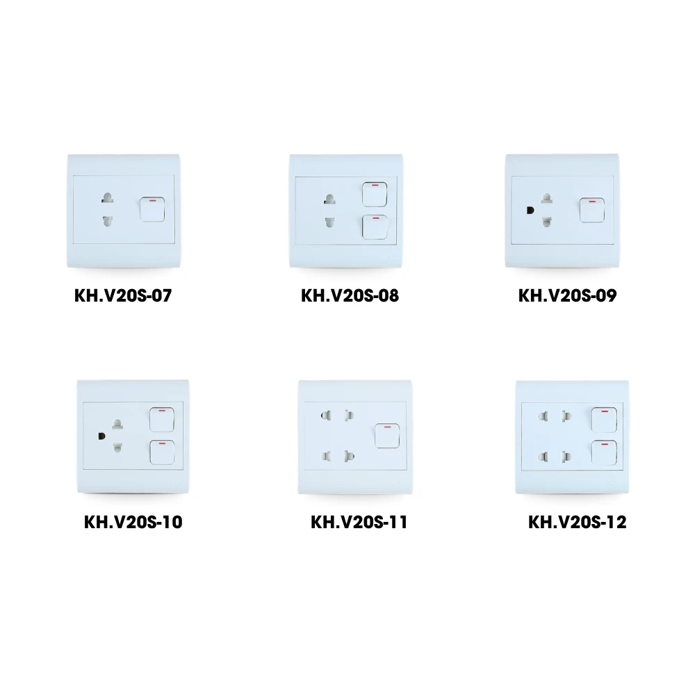 Thiết bị điện có công tắc kết hợp ổ cắm điện lắp sẵn dòng V20 mã KH/V20S-07 / KH/V20S-09 / KH/V20S-08 / KH/V20S-10 / KH/V20S-11 / KH/V20S-12 / KH/V20S-13 / KH/V20S-14