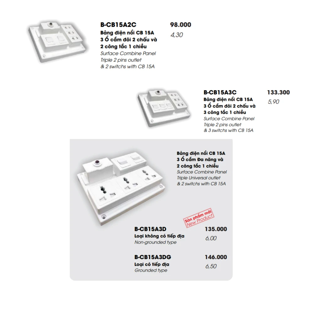 Bảng điện nổi LiOA mã B-CB15A2C/ B-CB15A3C/ B-CB15A3D/ B-CB15A3DG