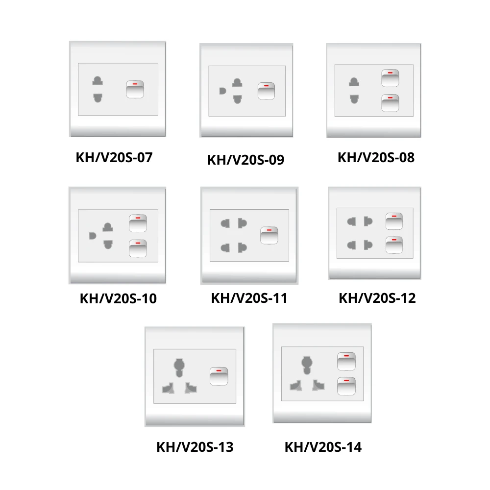 Thiết bị điện có công tắc kết hợp ổ cắm điện lắp sẵn dòng V20 mã KH/V20S-07 / KH/V20S-09 / KH/V20S-08 / KH/V20S-10 / KH/V20S-11 / KH/V20S-12 / KH/V20S-13 / KH/V20S-14