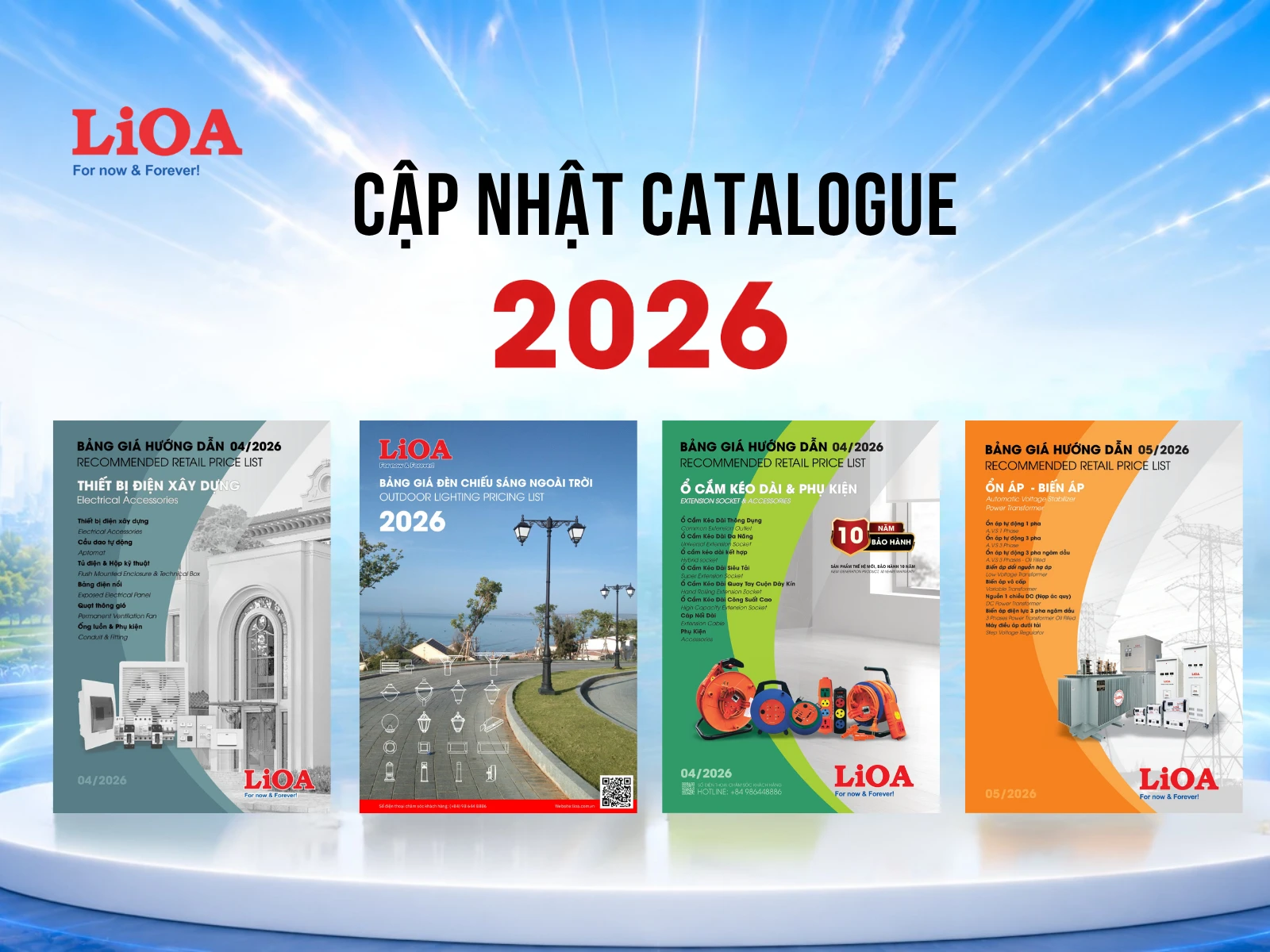 Cập nhật Catalogue & Bảng giá LiOA 2026: Ổn áp & Biến áp, Đèn ngoài trời, Thiết bị điện, Ổ cắm kéo dài